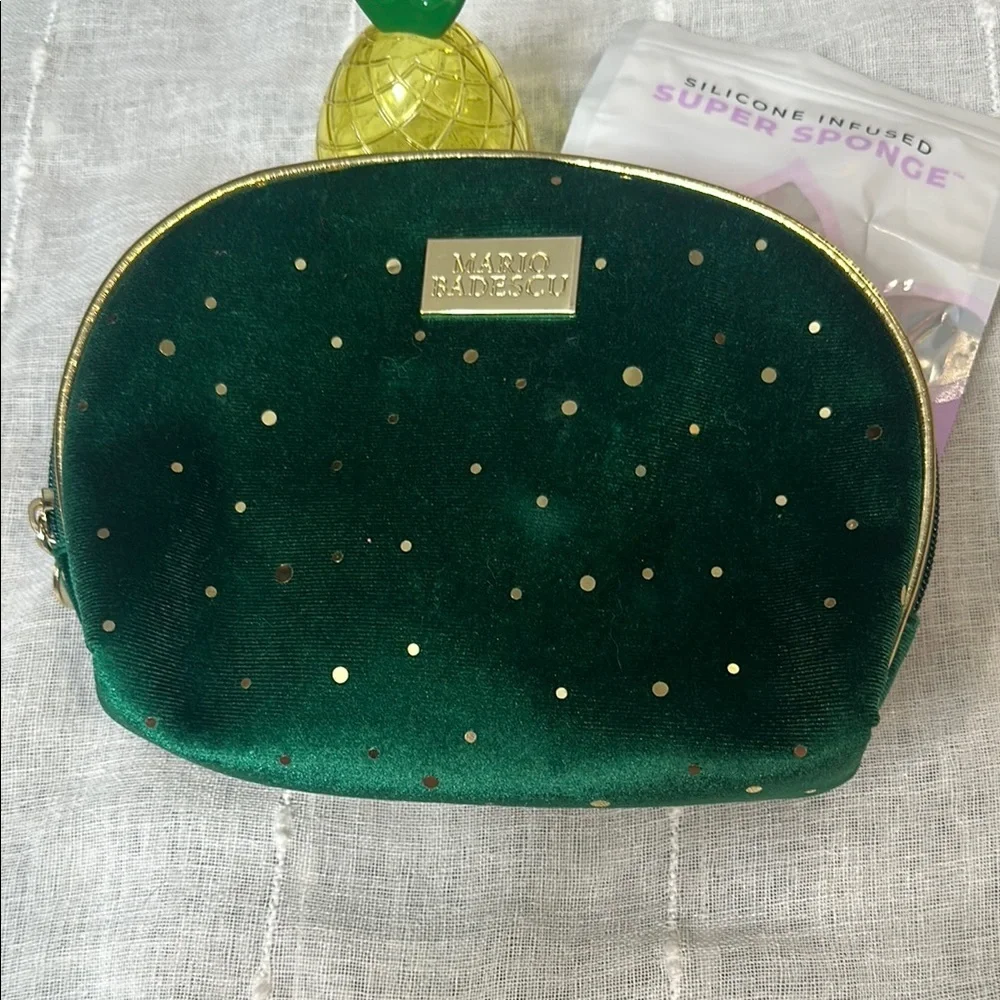 Mario Badescu Green Velvet Bag with Gold Dots Bundled with MakeUp Sponges Travel